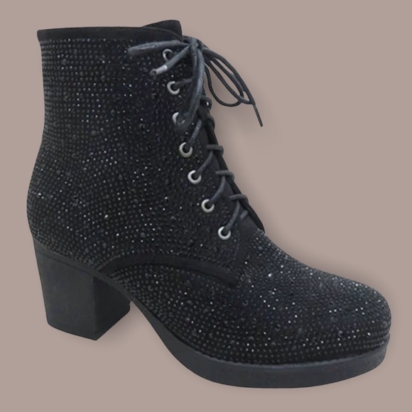 Italina Black Metallic Glitter Rhinestone Embellished Lace-up Combat Booties - Picture 2 of 7